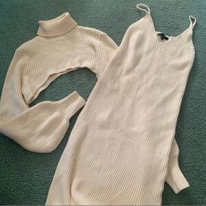 Turtleneck Two-Piece Midi Knit Sweater Dress, Cream, M